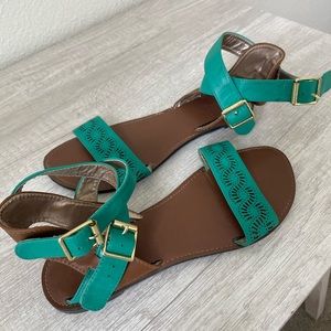 Green and Brown Double Strap Sandals with Gold Buckels